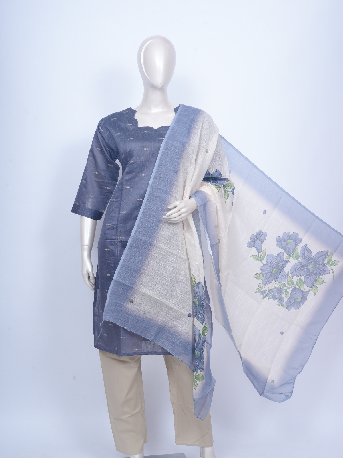 Blue-grey zari butti kurti set with cream pants and off-white floral print dupatta