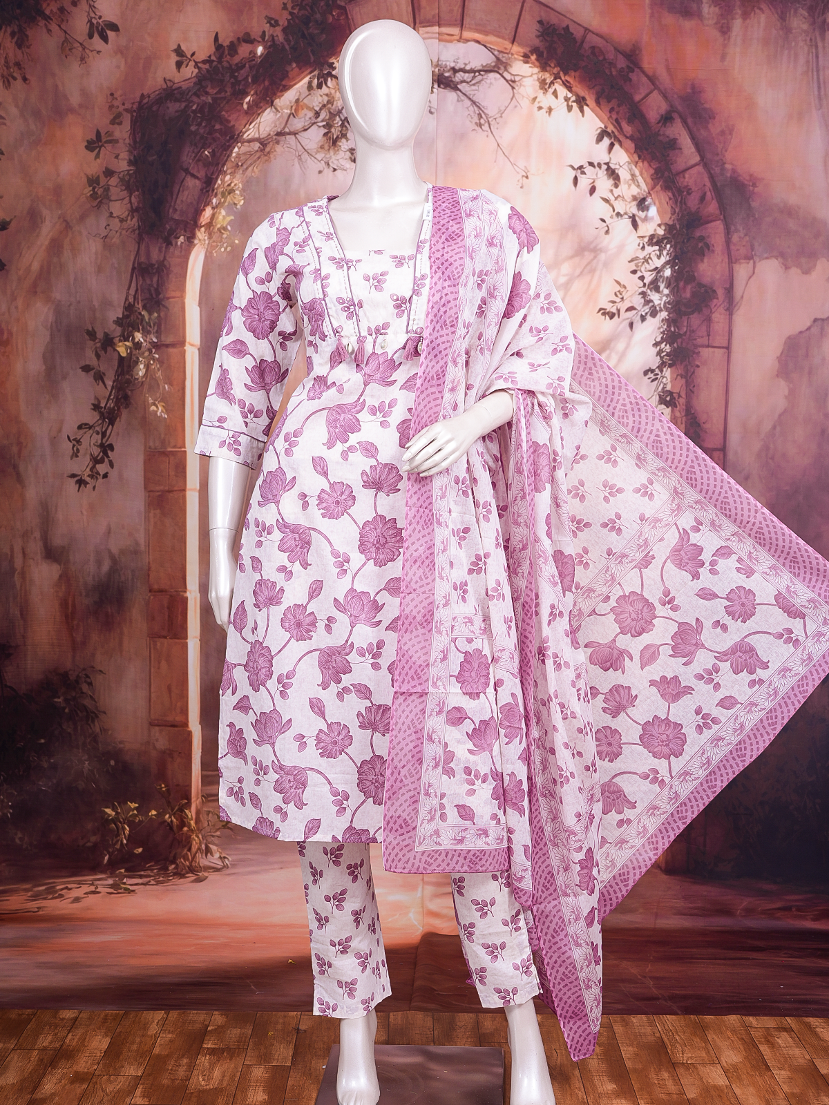 White and mauve floral cotton kurti set with matching pants and printed dupatta