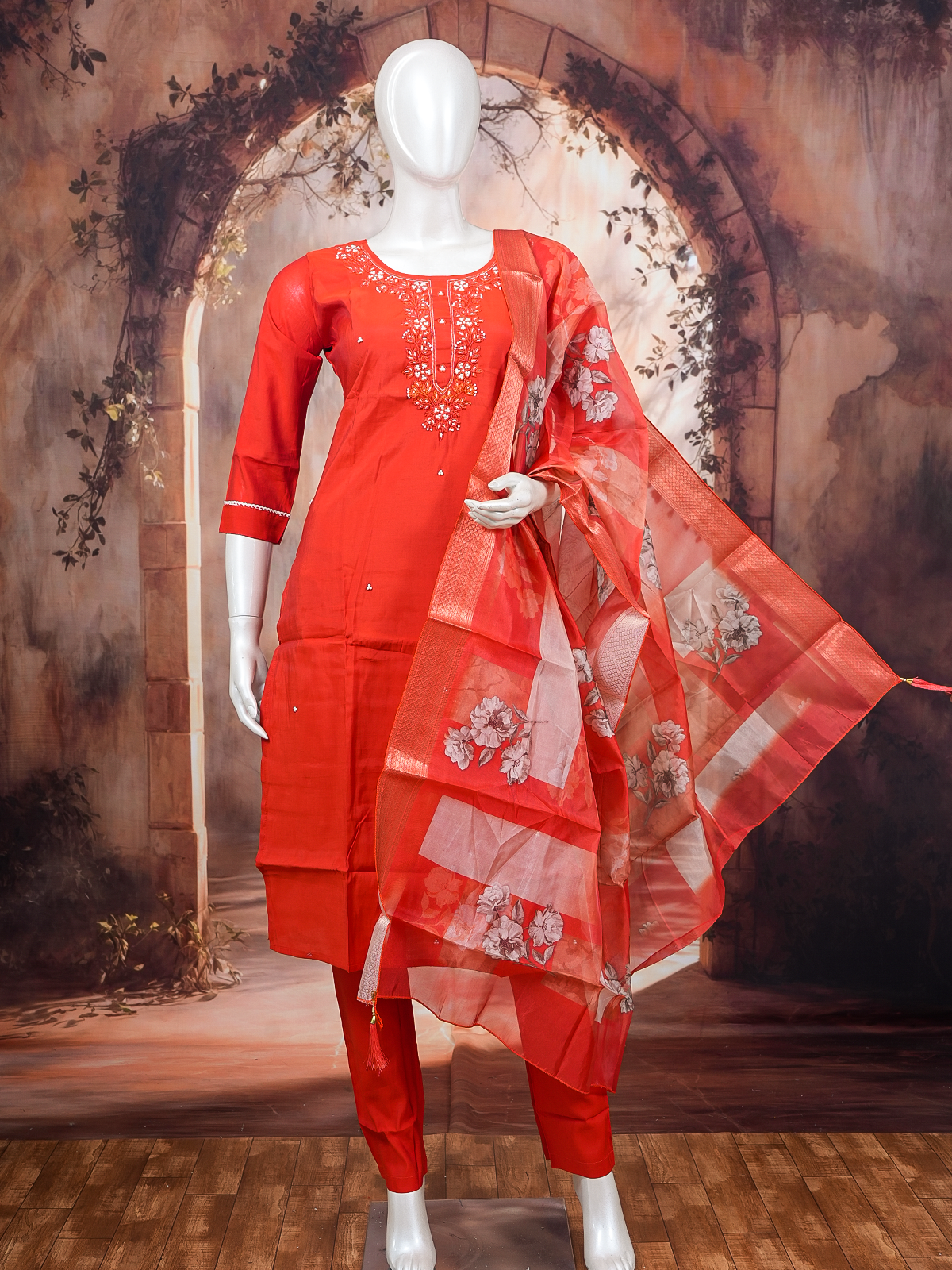 Red embroidered kurti set with straight pants and floral organza dupatta