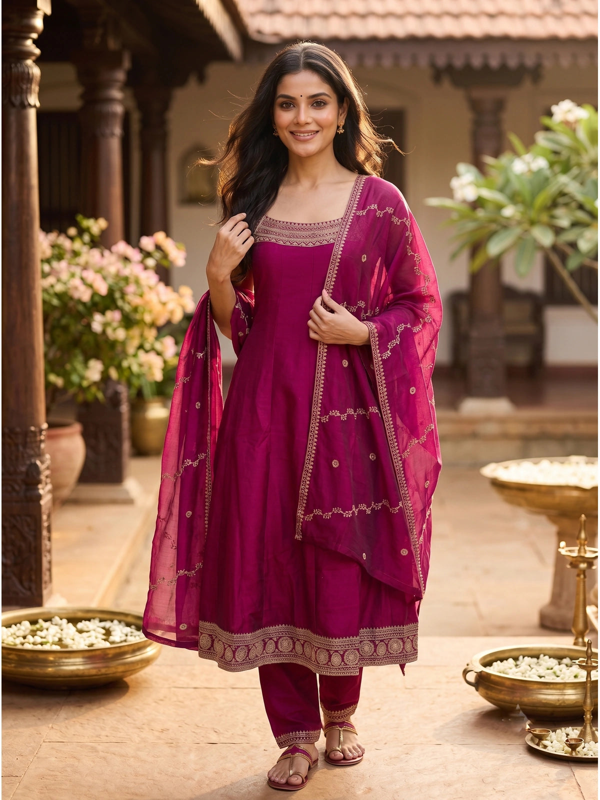 Rani Pink Zari Embroidered Kurti Set with Dupatta