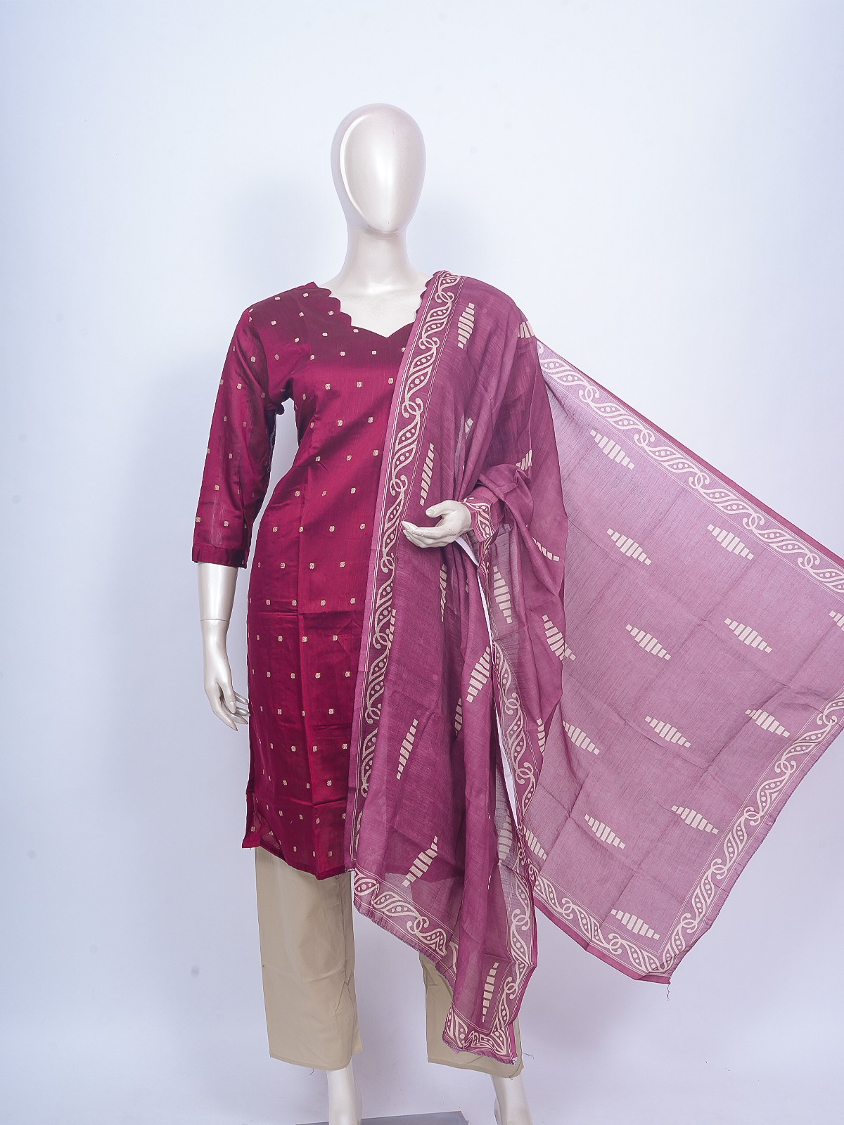 Wine buti woven kurti set with beige pants and printed ethnic dupatta