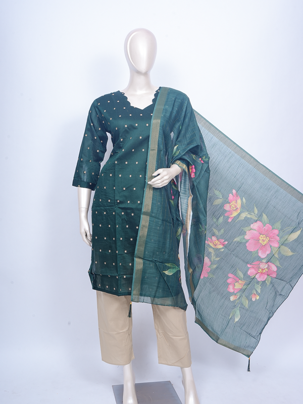 Deep green buti kurti set with beige pants and green floral printed zari-border dupatta