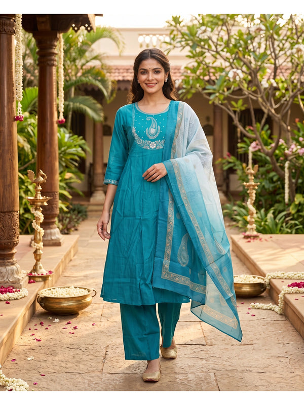 Teal blue embroidered A-line kurti set with ombre paisley dupatta and straight pants