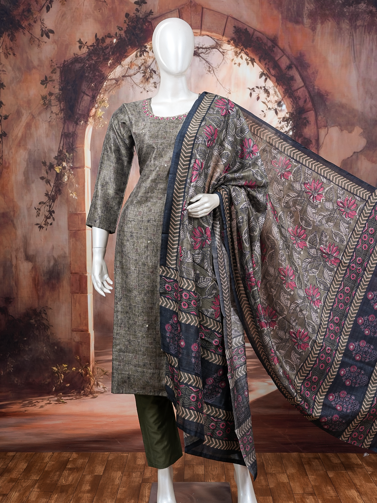 Grey art silk kurti set with embroidered neckline and pink floral printed dupatta