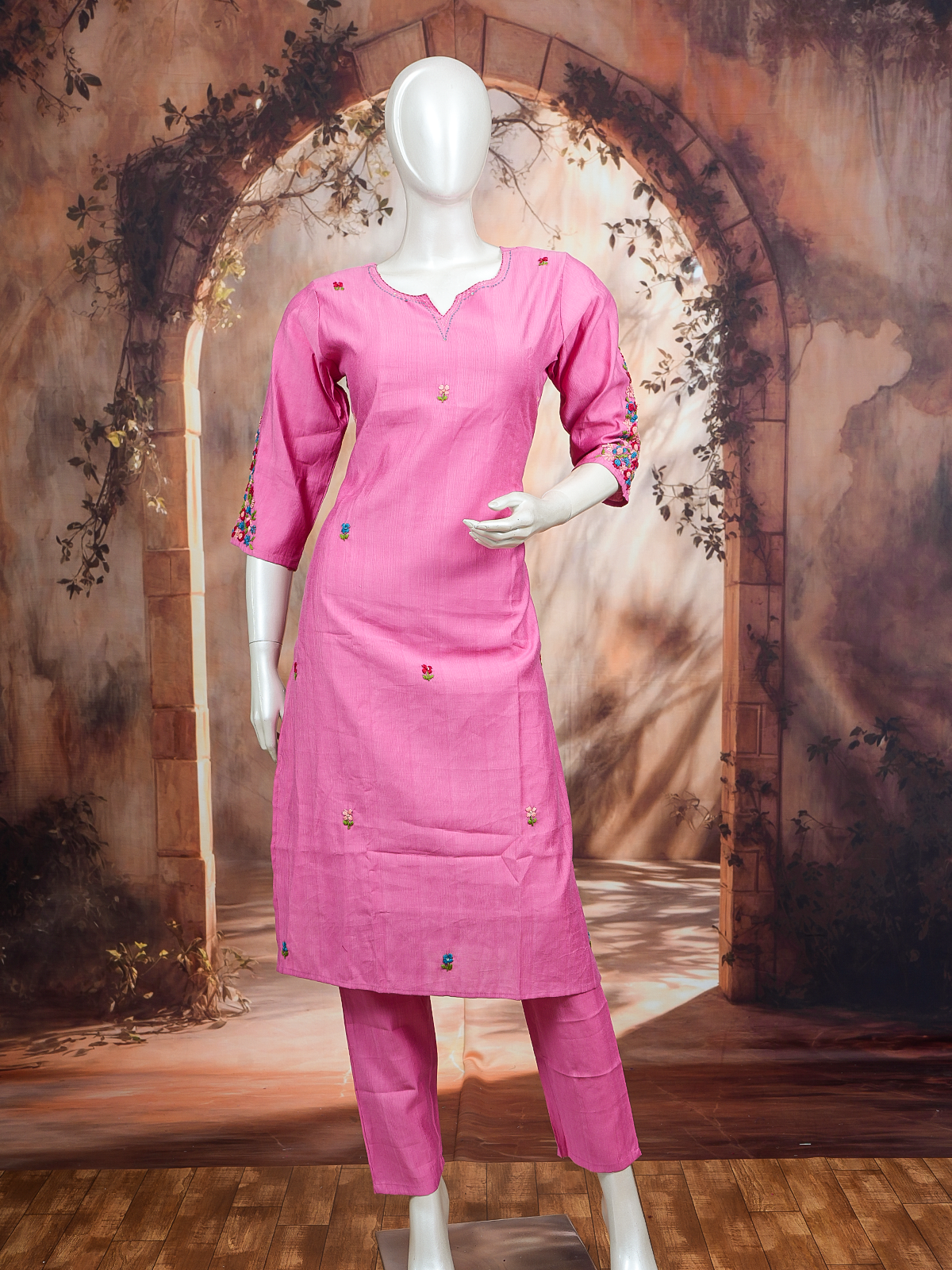 Pink floral embroidered cotton kurti set with matching straight-fit pants