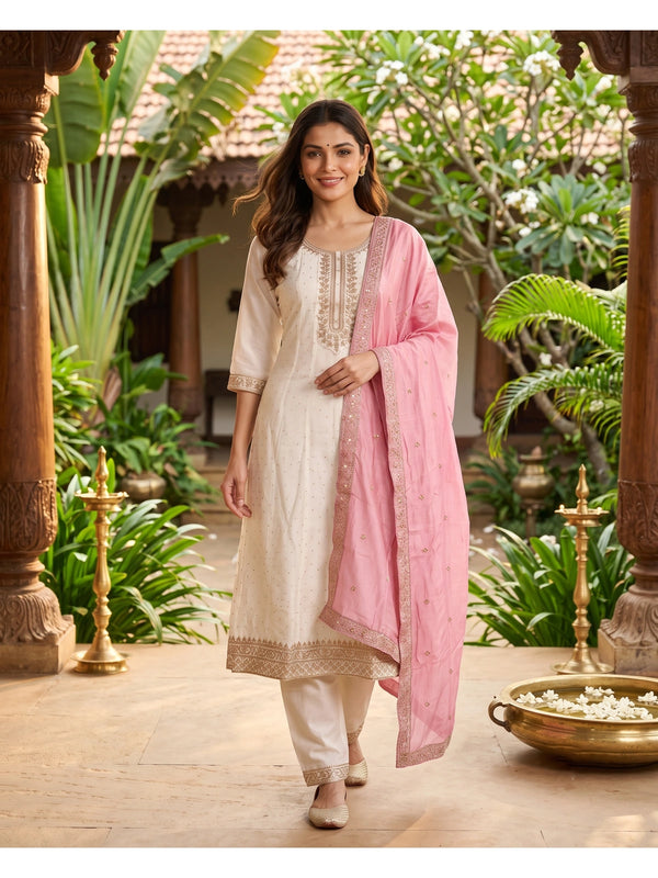 Off-white cream zari embroidered kurti set with pink embroidered dupatta and straight pants