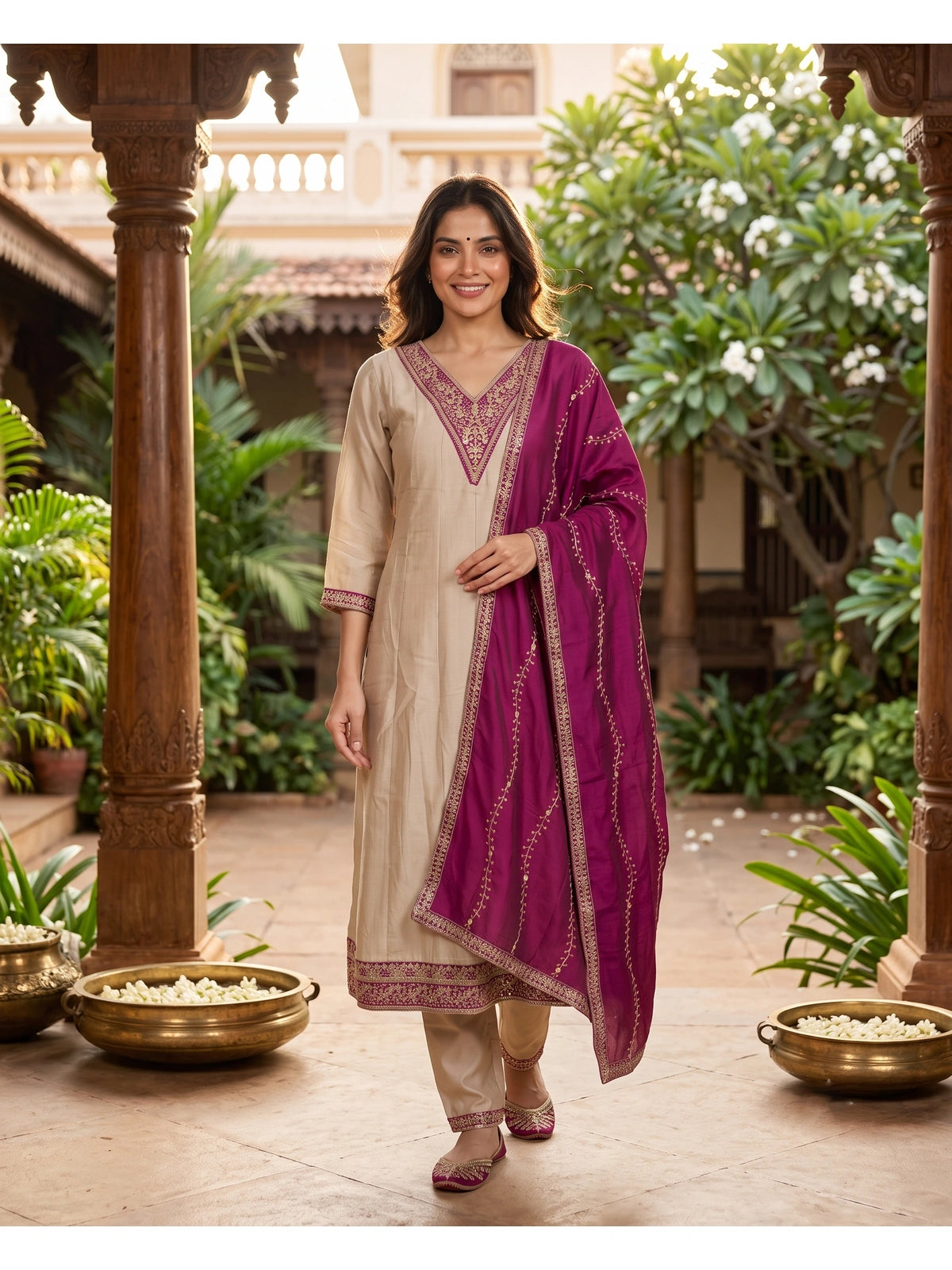 Beige straight-cut kurti set with zari embroidery and contrasting magenta embroidered dupatta