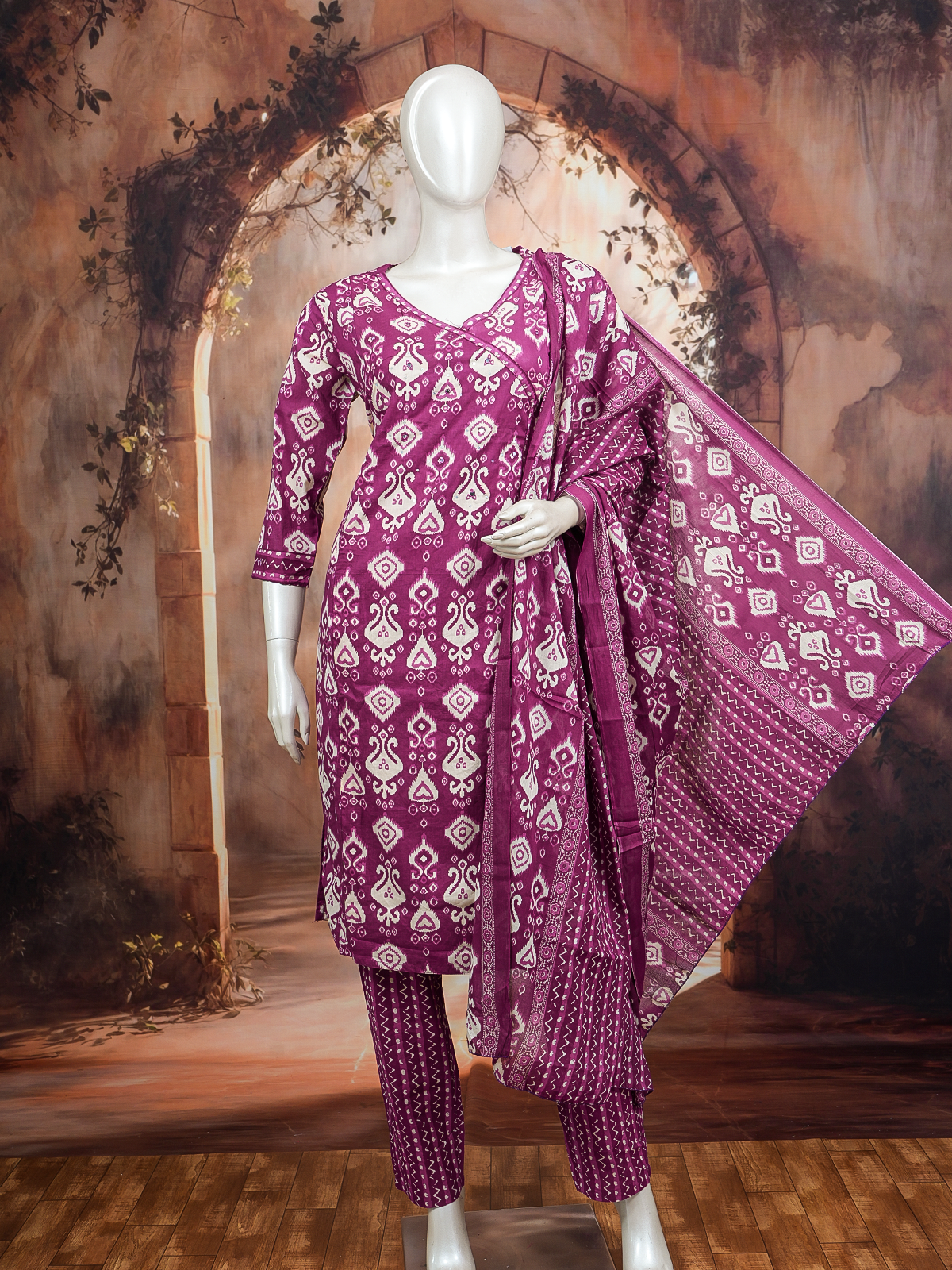 Purple and white ikat print cotton kurti set with matching pants and dupatta