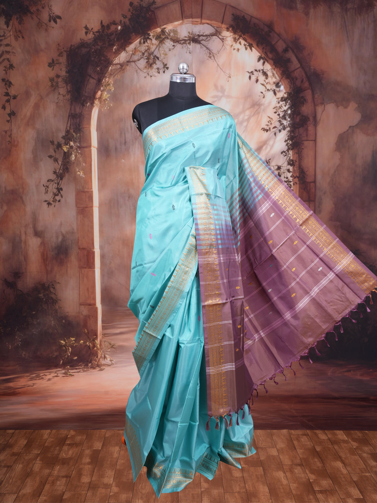 Sky Blue With Purple Semi Silk saree