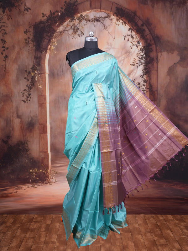 Sky Blue With Purple Semi Silk saree