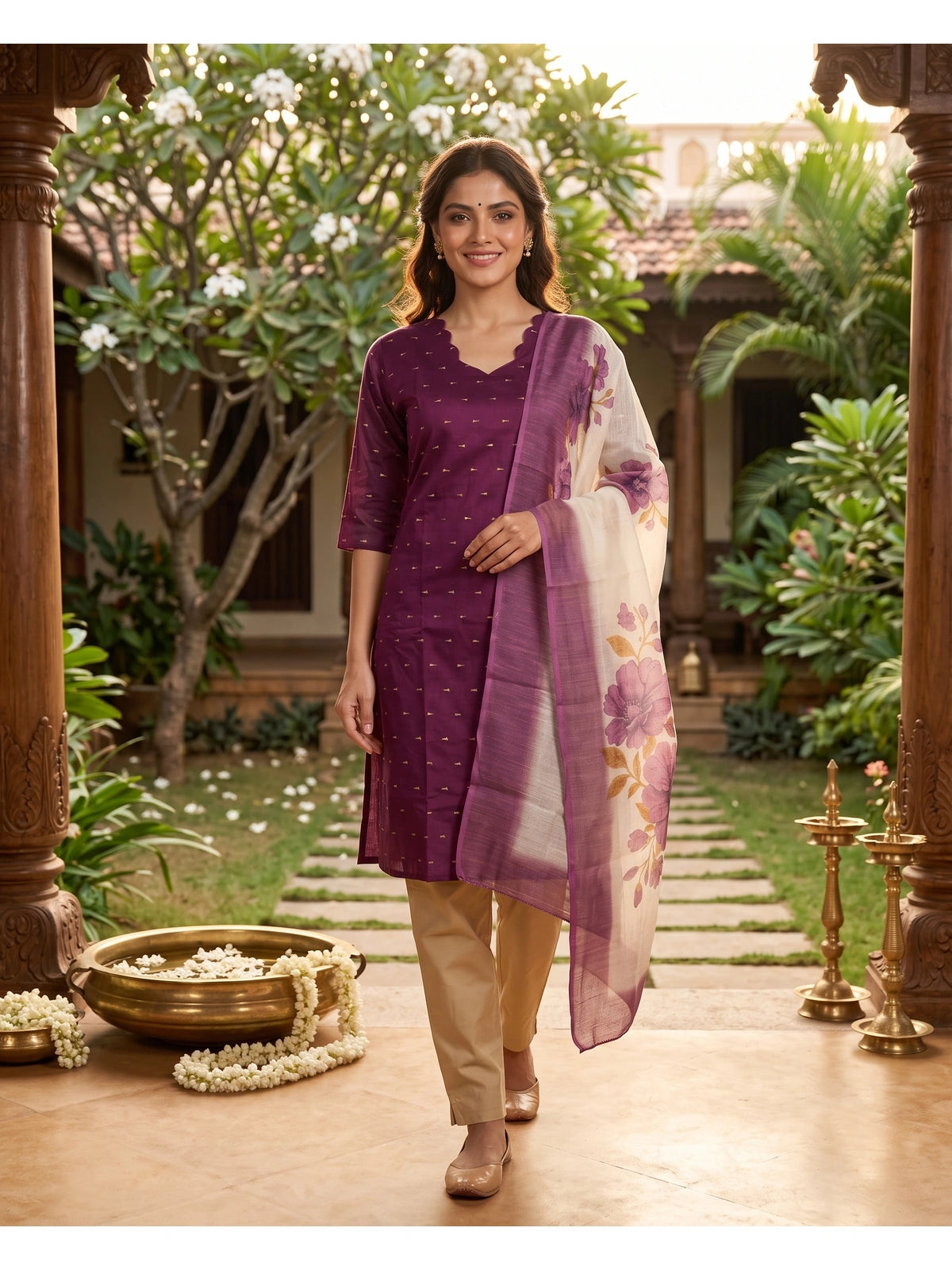 Purple with Floral Cream Dupatta Ready Made Kurti Set