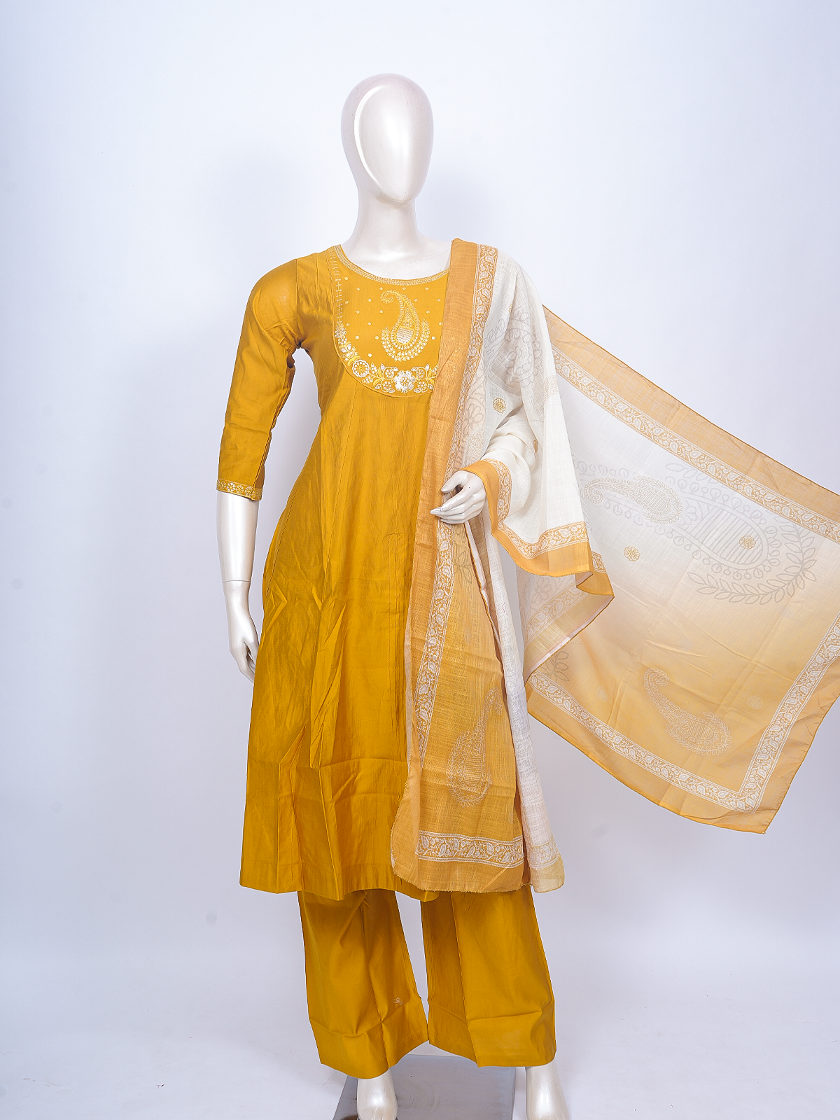 Mustard Yellow embroidered cotton kurti set with paisley yoke and cream dupatta