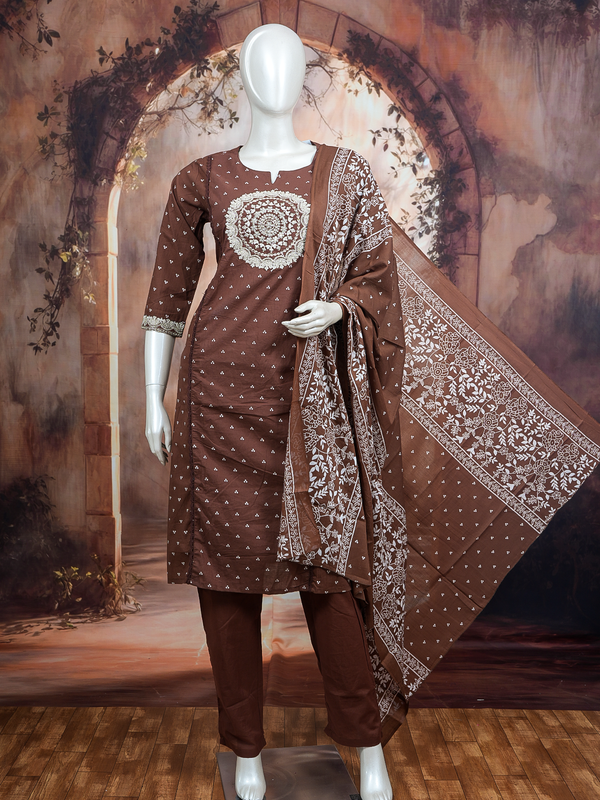 Brown cotton kurti set with white bandhani print, embroidered mandala yoke and matching printed dupatta