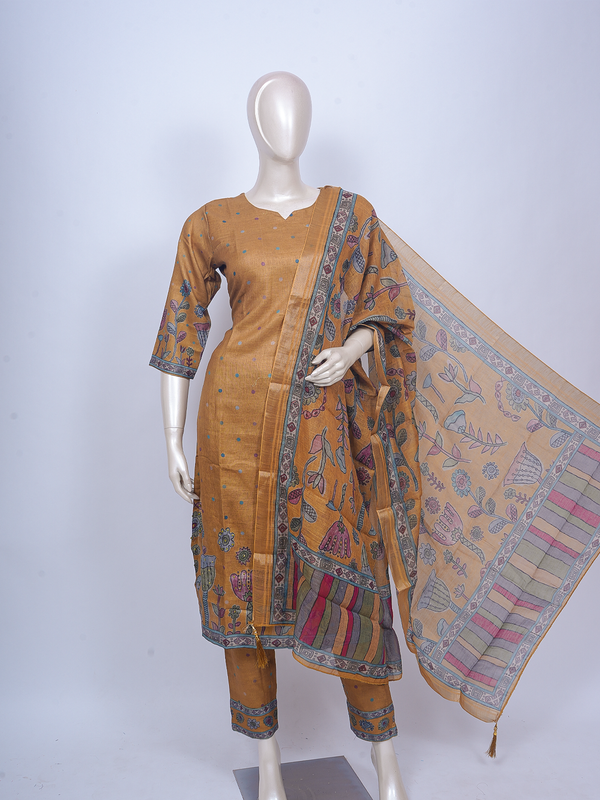 Mustard cotton silk Kalamkari printed ready made kurti set with straight pants and folk-art dupatta