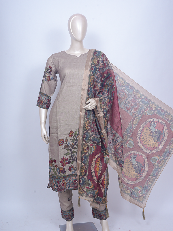 Grey Kalamkari ready made kurti set with multicolour peacock motif dupatta and straight-fit pants