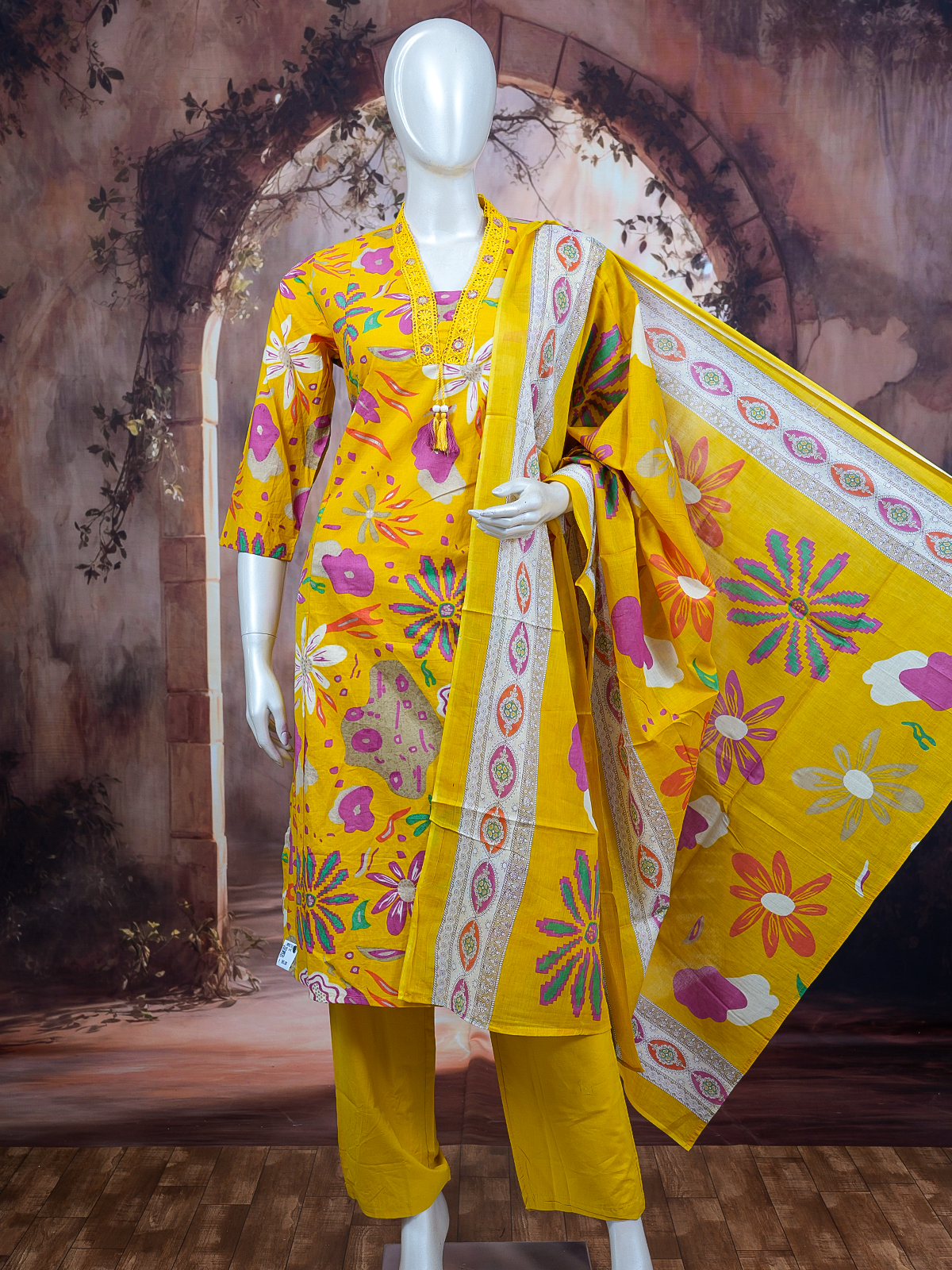 Yellow floral printed cotton kurti set with matching pants and printed dupatta