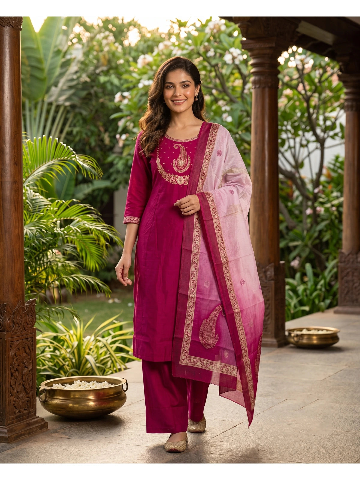 Rani pink zari embroidered ready made kurti set with straight palazzo pants and ombre pink zari border dupatta