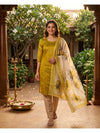 Mustard Green with Floral Cream Dupatta Ready Made Kurti Set