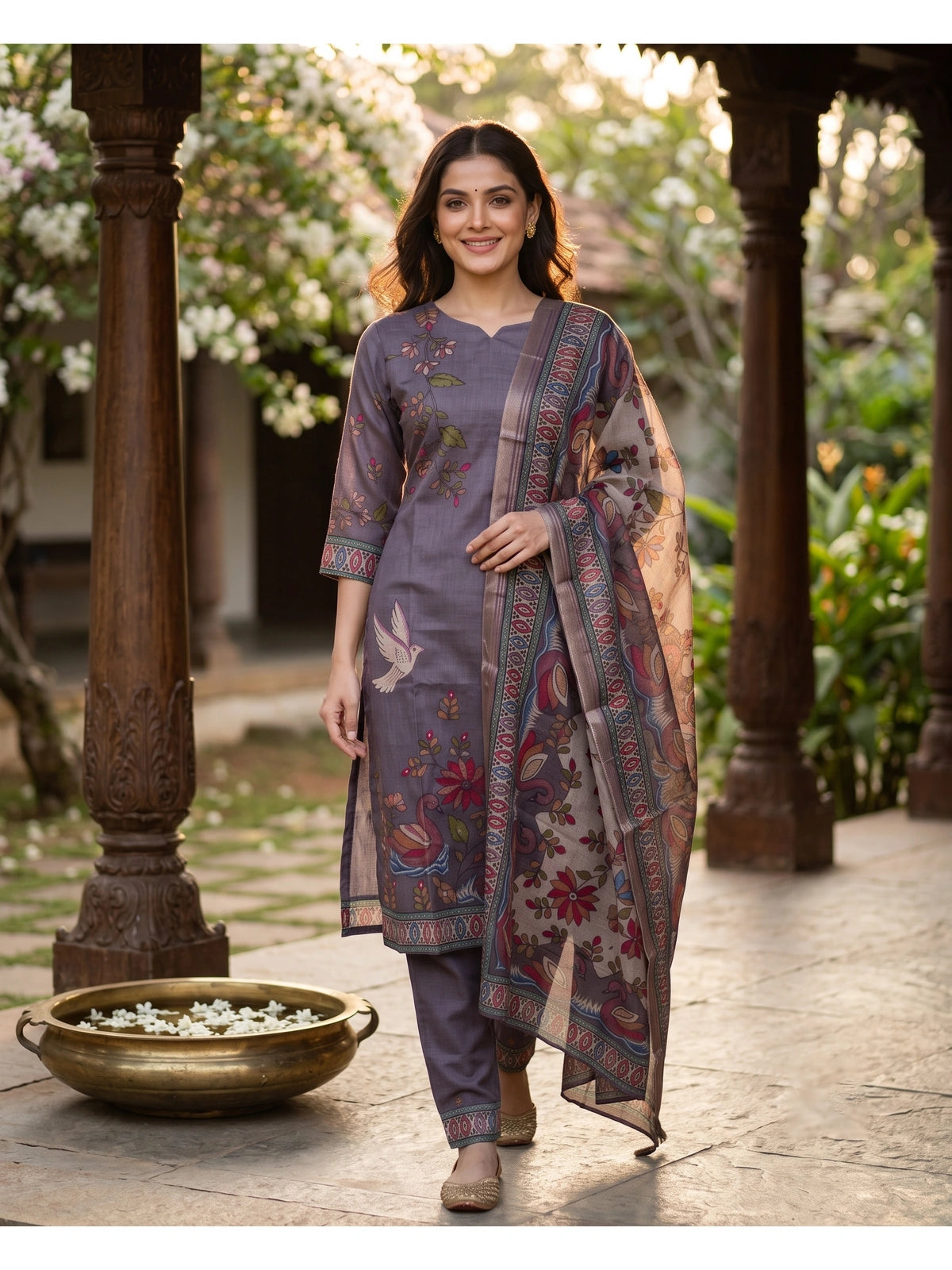 Mauve Kalamkari Print Ready Made Kurti Set with Contrast Dupatta