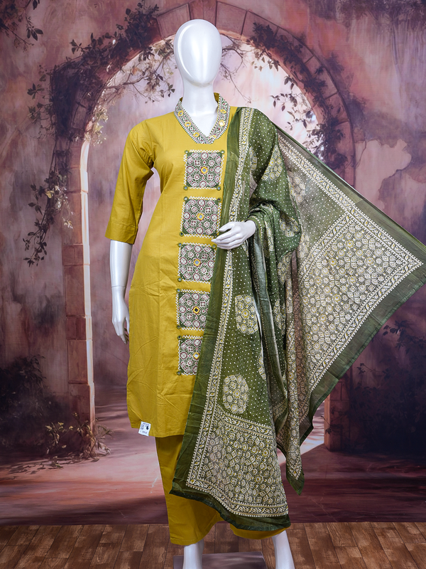 Mustard yellow cotton kurti set with mirror work embroidery and olive green printed dupatta