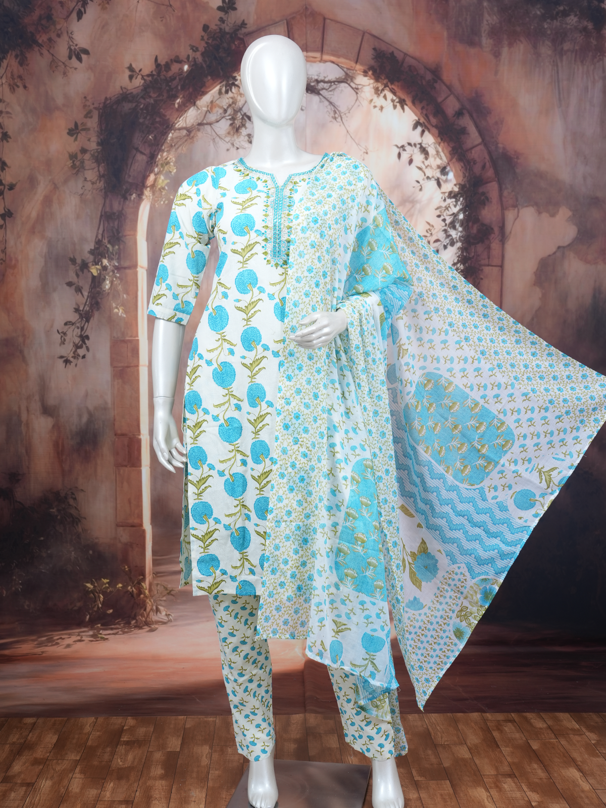White and blue floral cotton kurti set with printed pants and dupatta