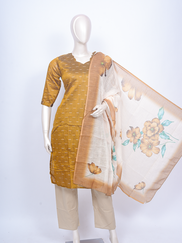 Mustard woven kurti set with beige pants and floral print cream dupatta