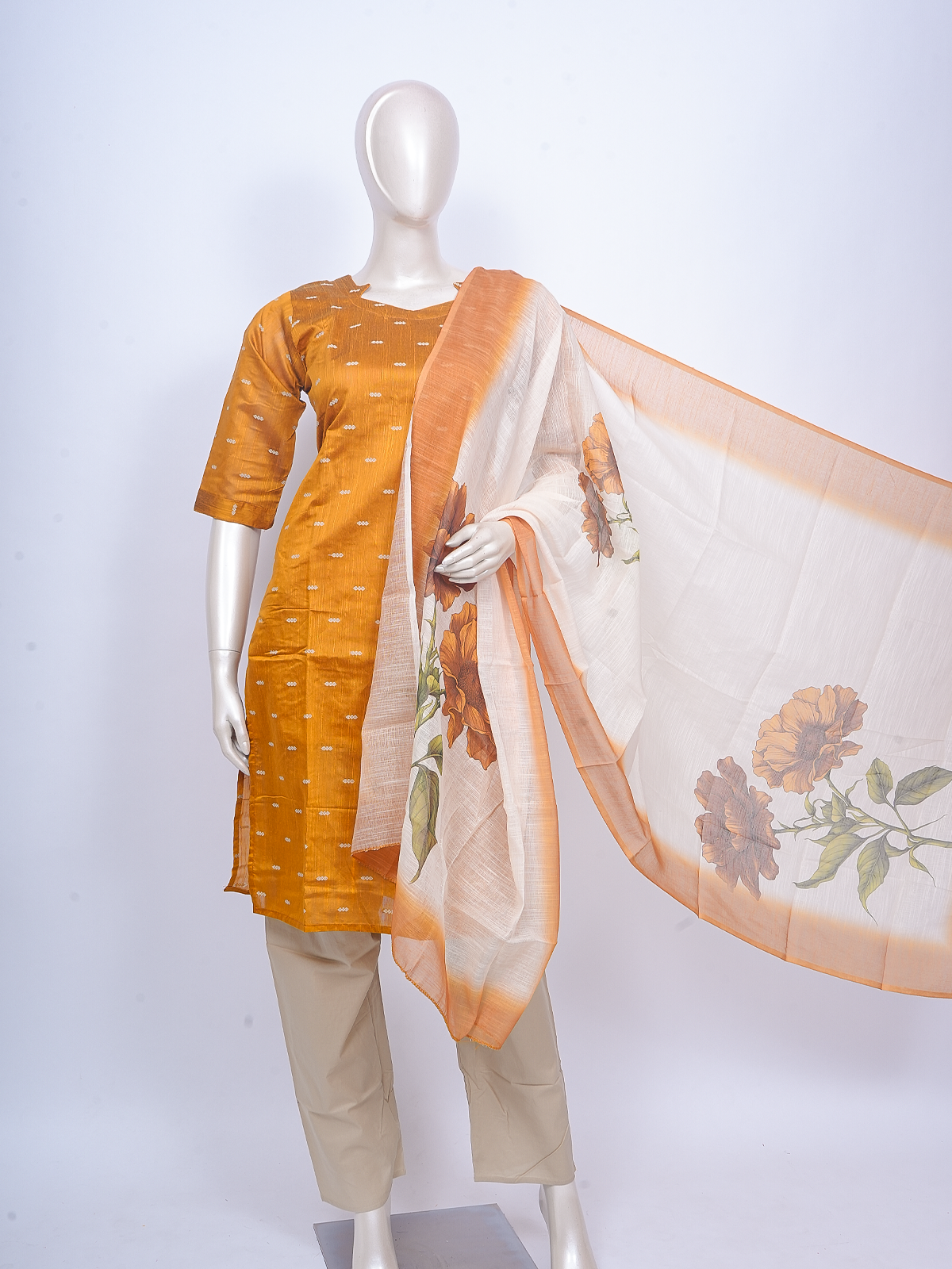 Mustard woven kurti set with beige pants and cream floral-print dupatta