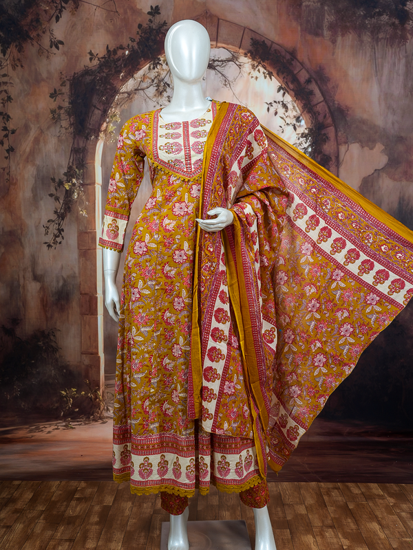 Mustard floral cotton Anarkali kurti set with mirror-work yoke, straight pants and matching printed dupatta