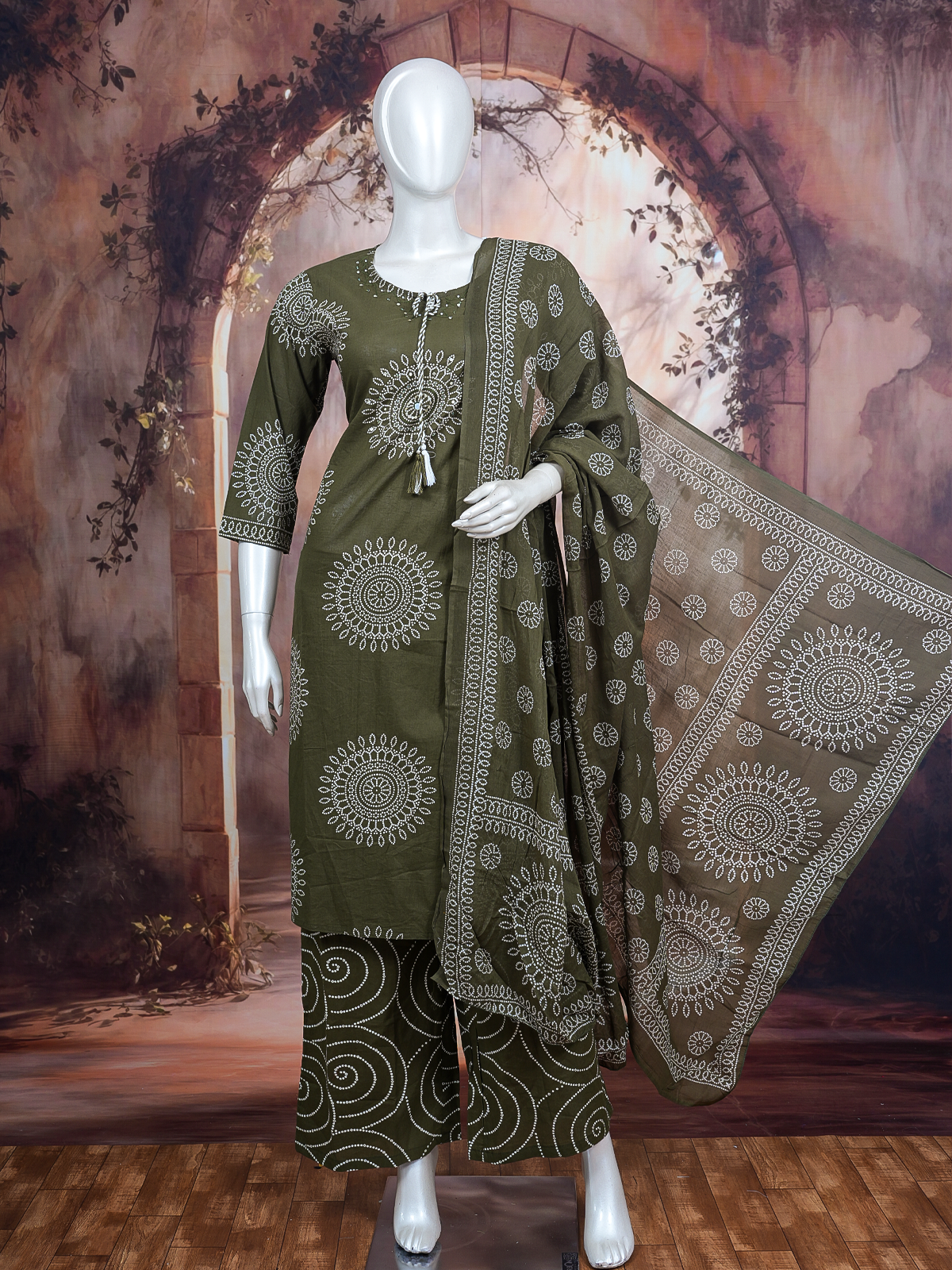 Olive green bandhani print cotton kurti set with matching palazzo pants and printed dupatta