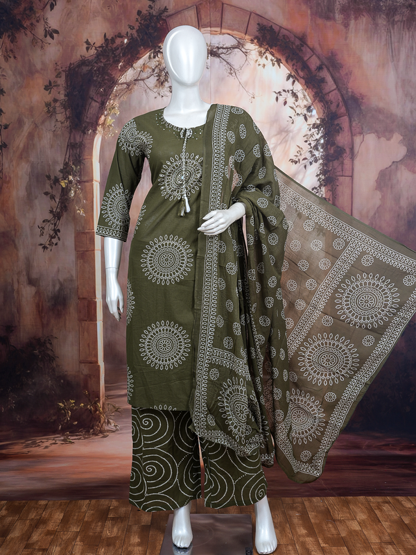 Olive green bandhani print cotton kurti set with matching palazzo pants and printed dupatta