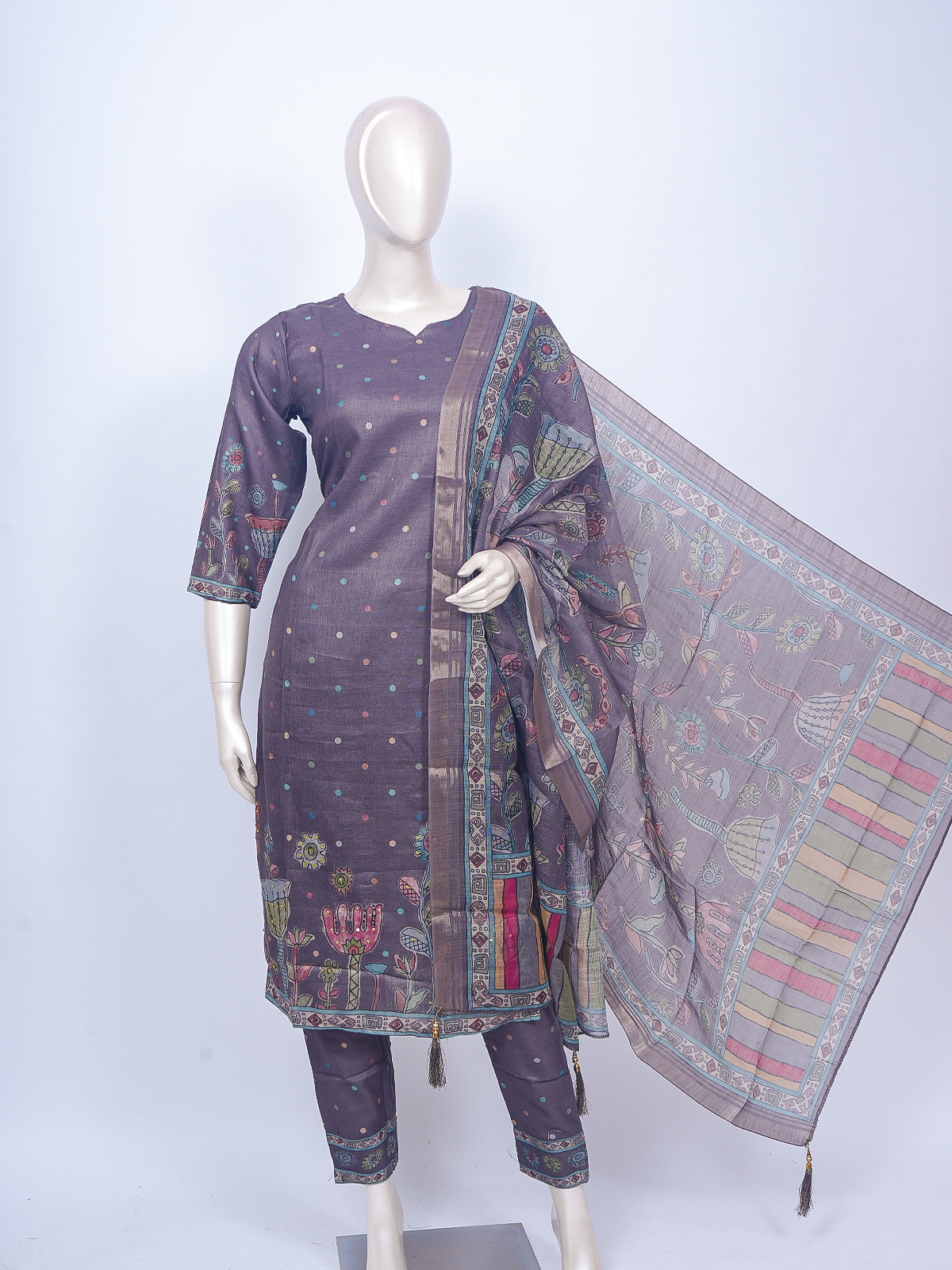 Mauve Kalamkari print cotton silk kurti set with printed pants and zari border dupatta