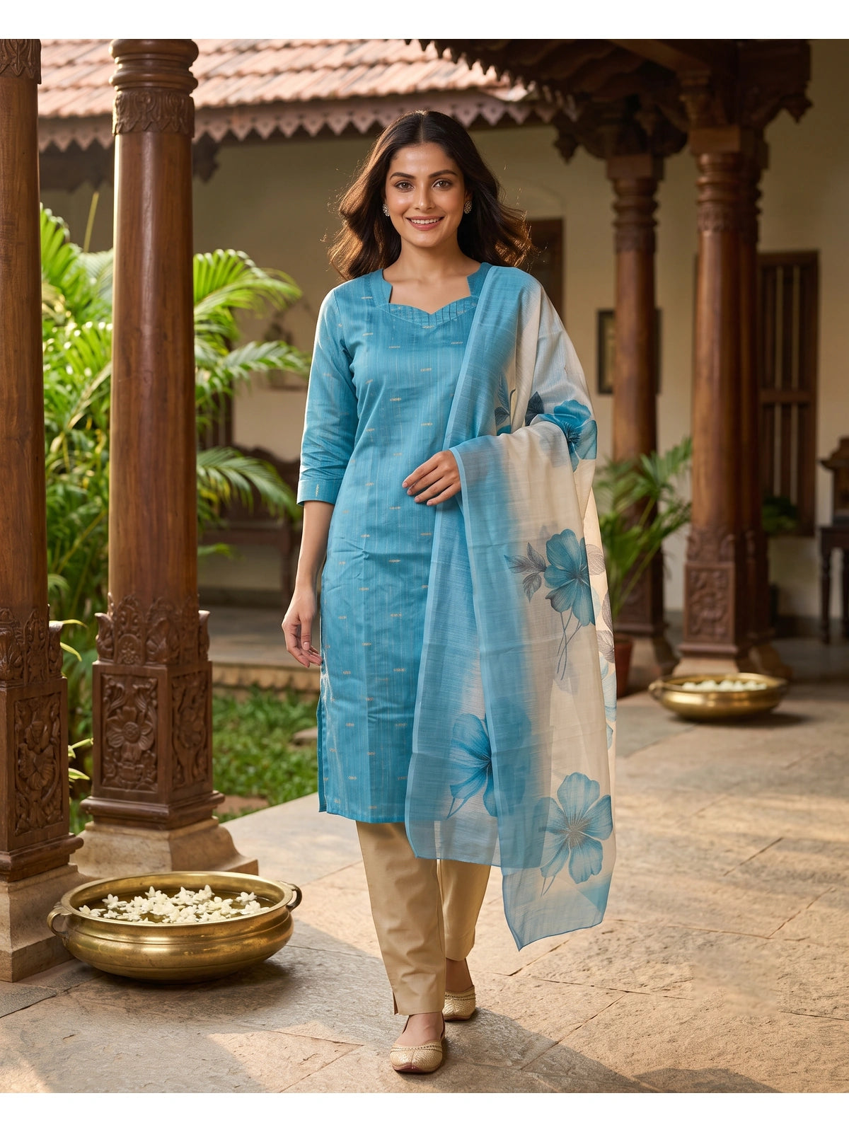 Sky blue straight kurti set with beige pants and cream floral printed dupatta
