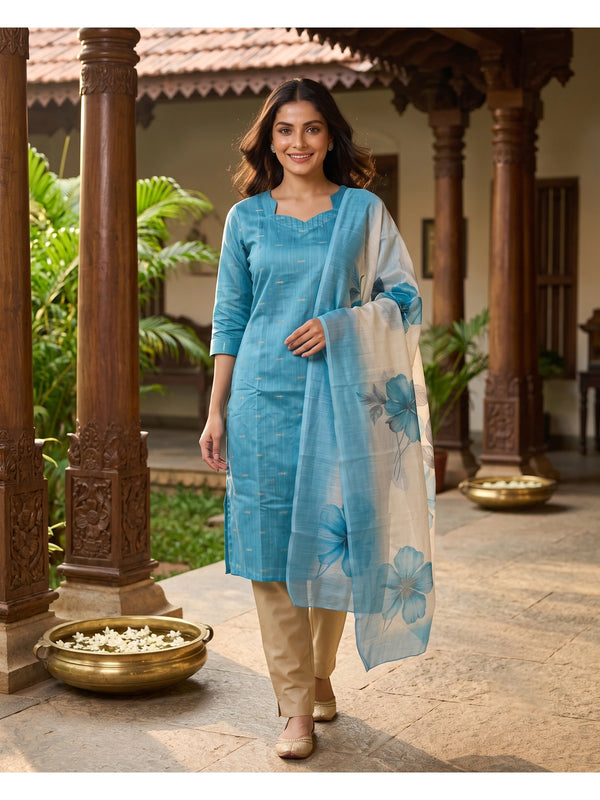 Sky blue straight kurti set with beige pants and cream floral printed dupatta