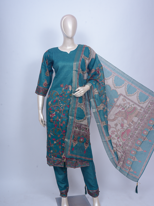 Teal blue Kalamkari print art silk kurti set with matching pants and printed dupatta