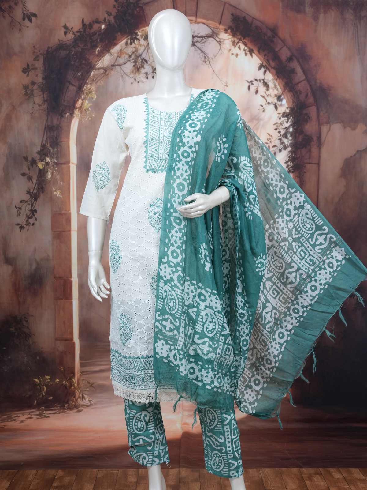 White schiffli cotton kurti set with teal batik dupatta and matching printed pants