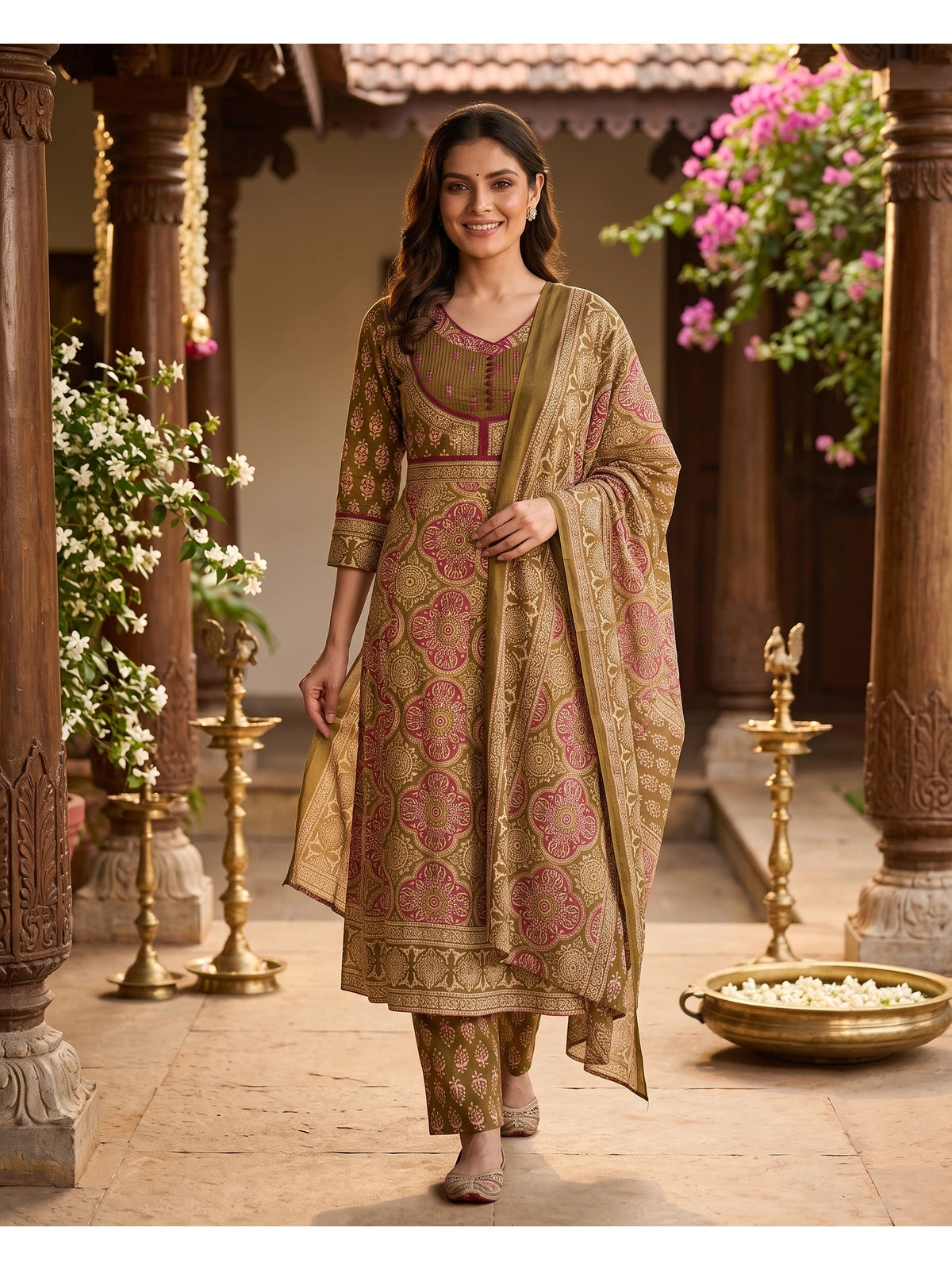 Mehendi green Ajrakh print cotton kurti set with maroon prints and matching dupatta