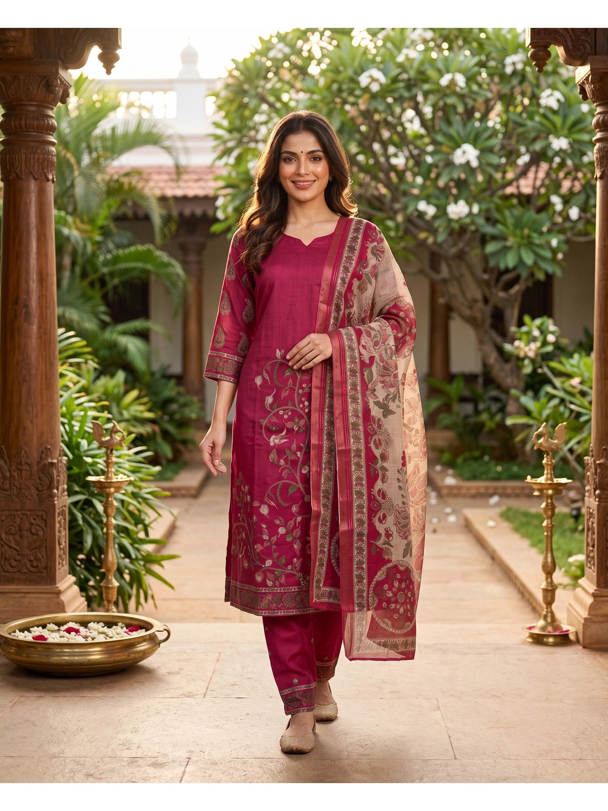 Rani Pink with Kalamkari Dupatta Ready Made Kurti Set