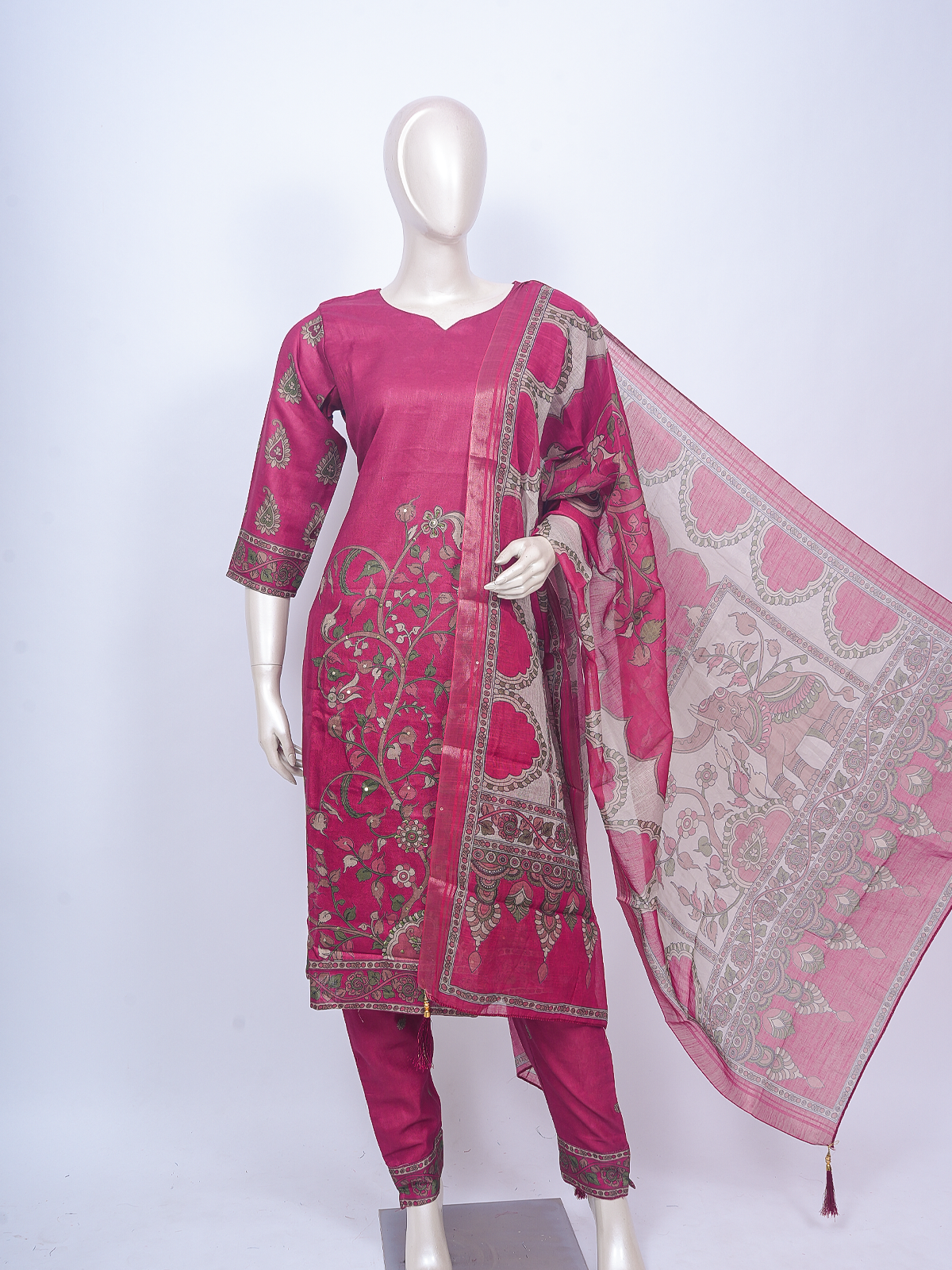 Rani Pink Kalamkari printed kurti set with straight pants and contrast printed dupatta