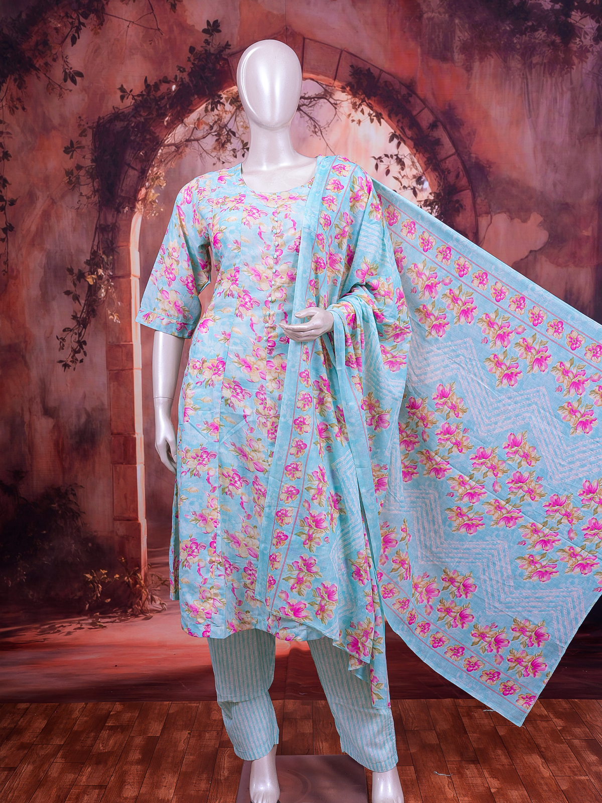 Sky blue pink floral cotton kurti set with matching dupatta and striped pants