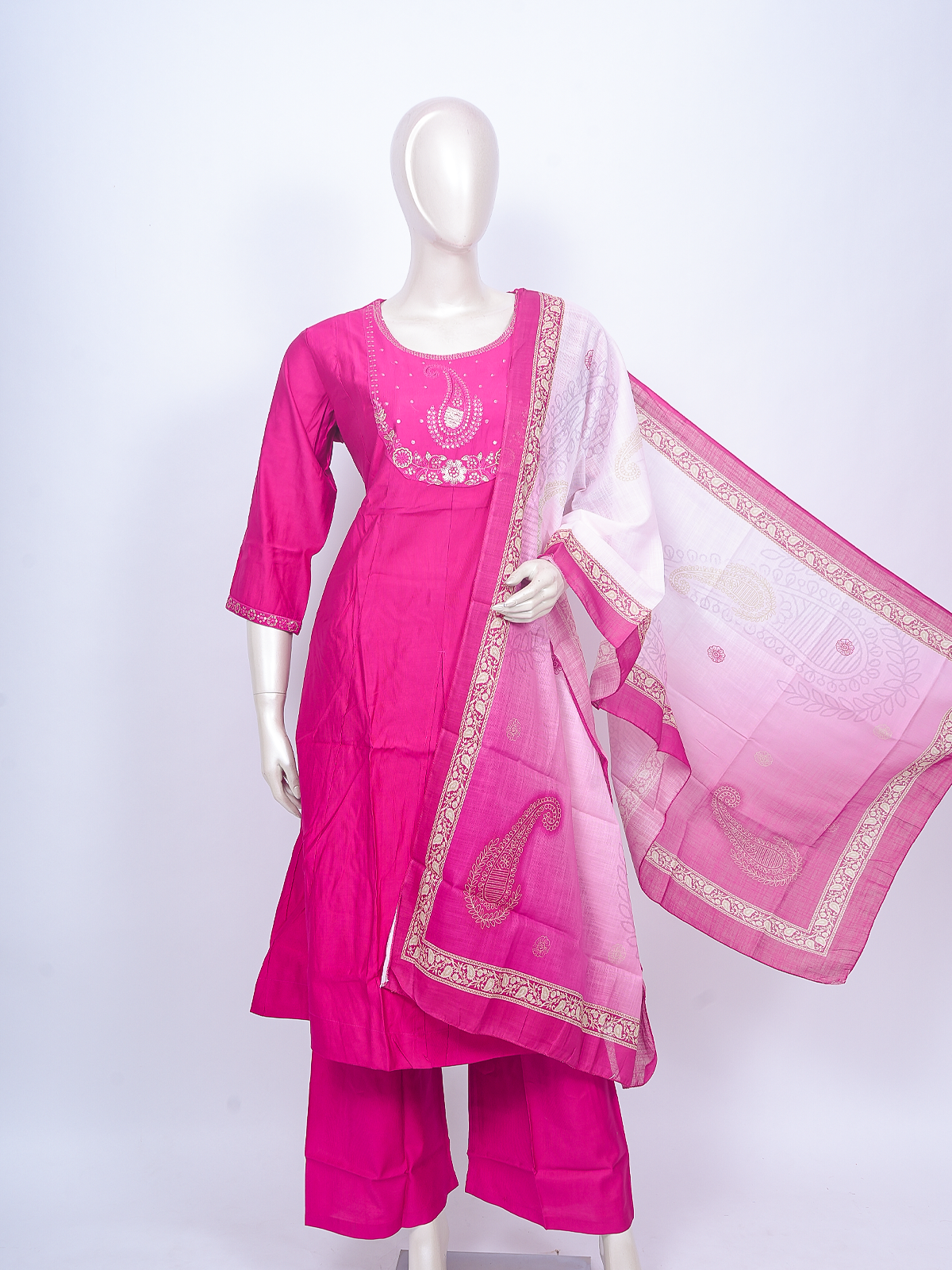 Rani pink embroidered kurti set with straight pants and ombre pink woven paisley dupatta