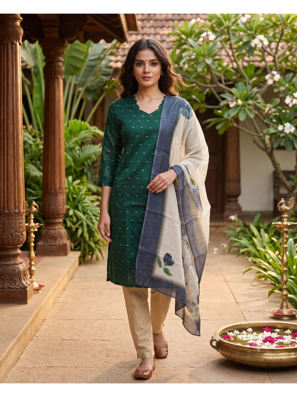Bottle green zari butti kurti set with beige straight pants and cream floral printed dupatta