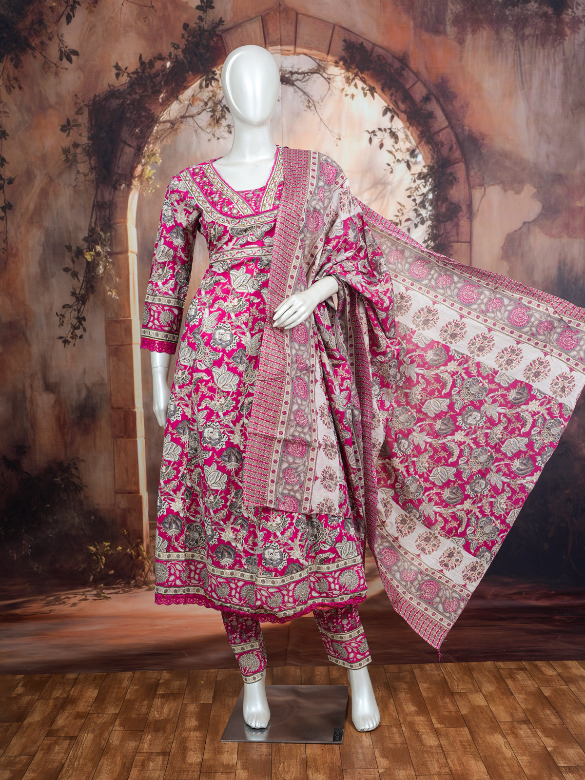 Pink floral cotton kurti set with embroidered yoke, matching pants and printed dupatta