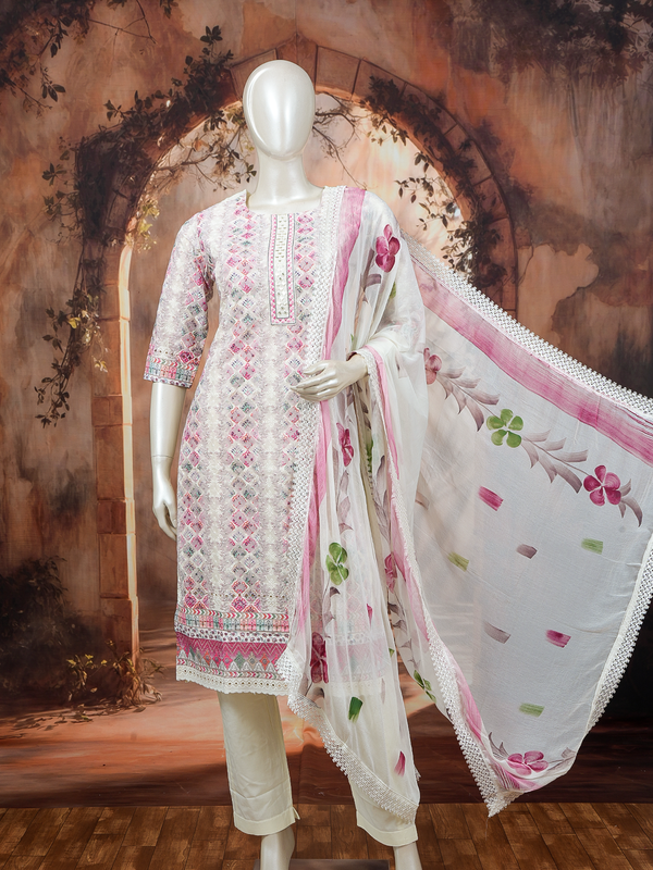 Off-white kurti set with pink multicolour floral embroidery and a floral-print lace-border dupatta