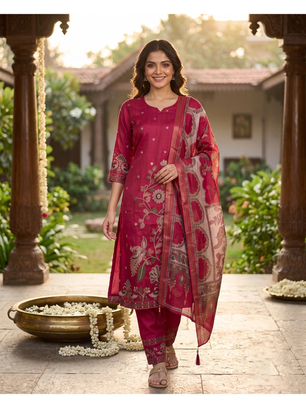 Rani pink embroidered art silk kurti set with straight pants and Kalamkari printed dupatta