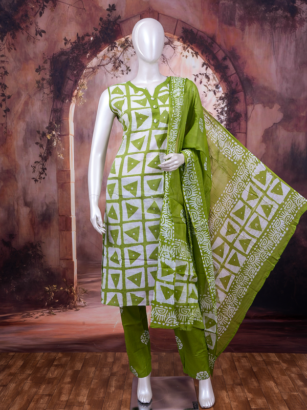 Green and white batik print cotton kurti set with straight pants and printed dupatta