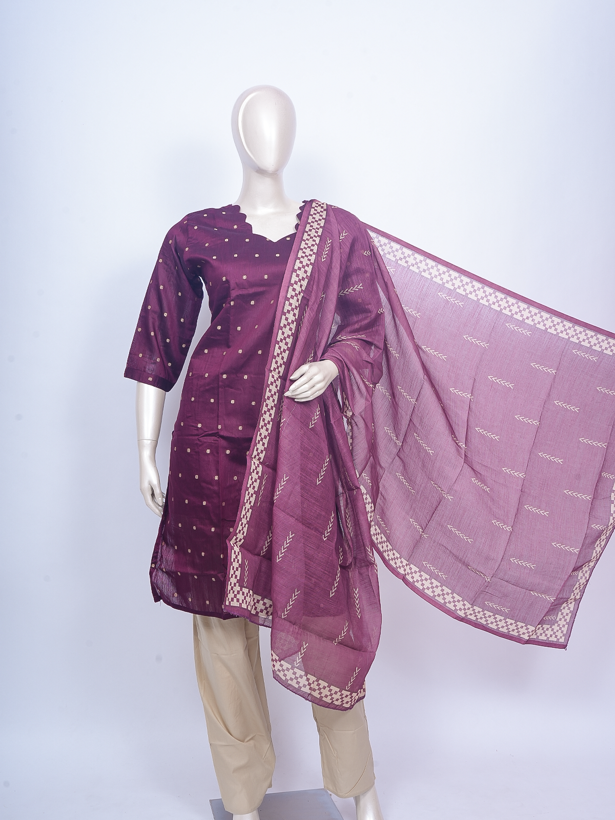 Wine purple woven buti cotton silk kurti set with beige pants and contrast border dupatta