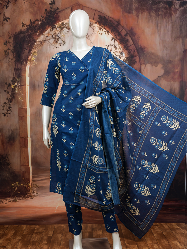 Indigo blue floral block print cotton kurti set with matching pants and printed border dupatta