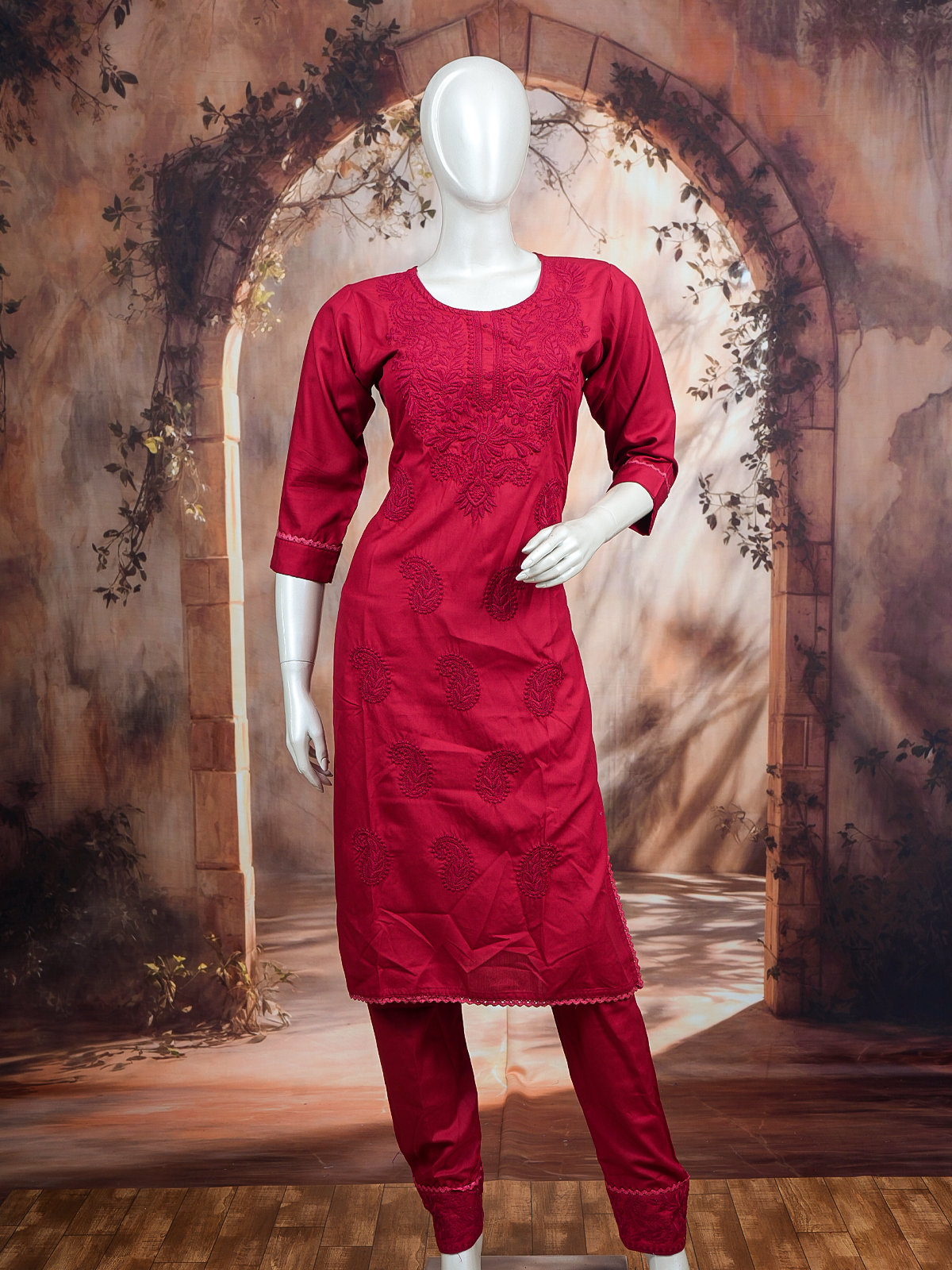 Rani Red embroidered cotton kurti set with matching straight pants