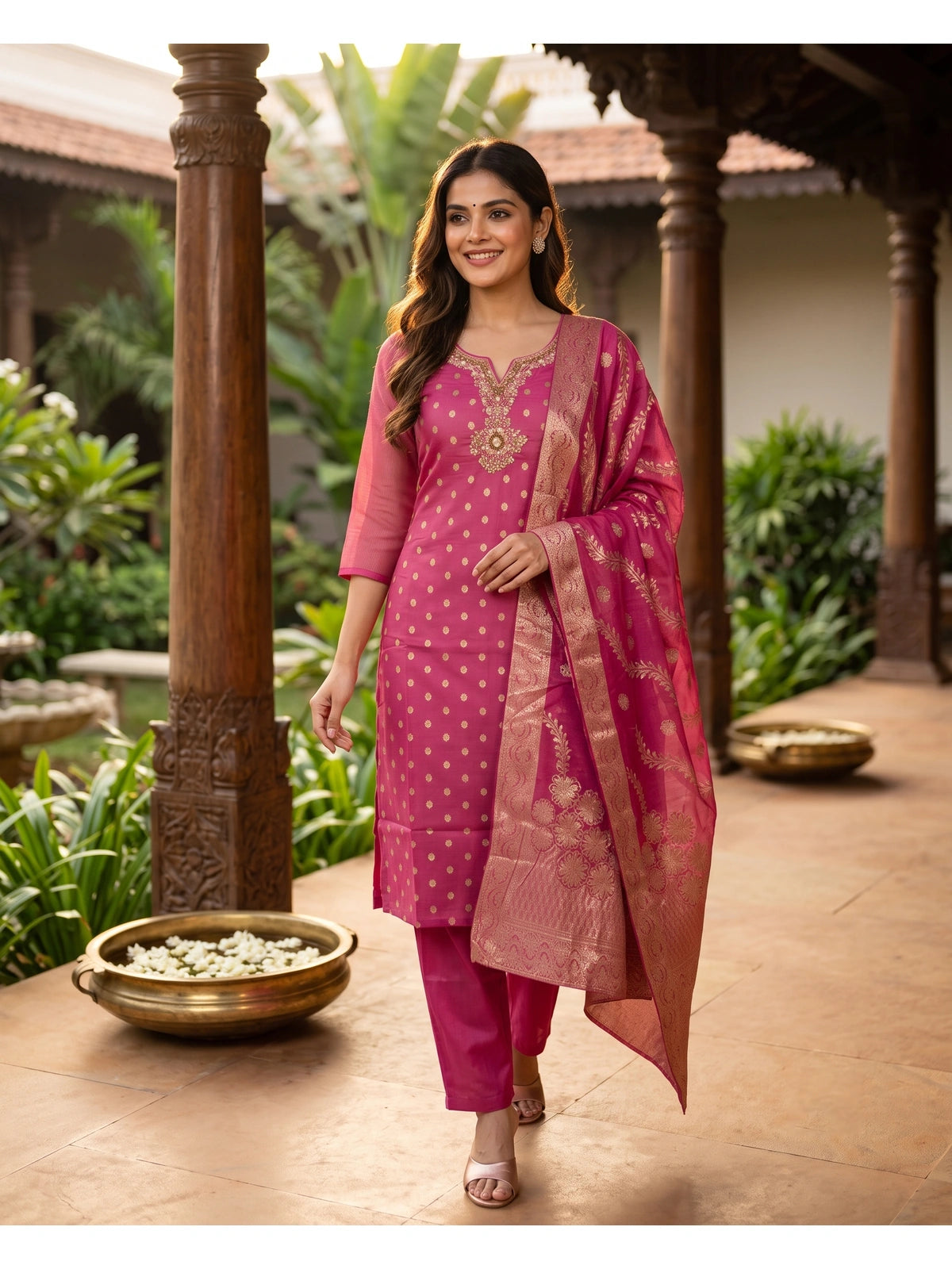 Pink Zari Woven Chanderi Silk Kurti Set with Dupatta