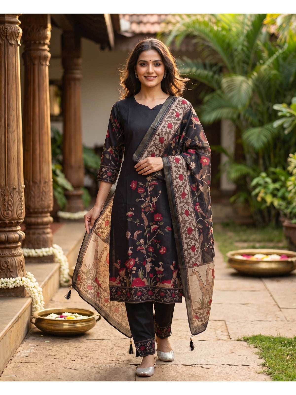 Black Floral Kurti Set with Kalamkari Dupatta